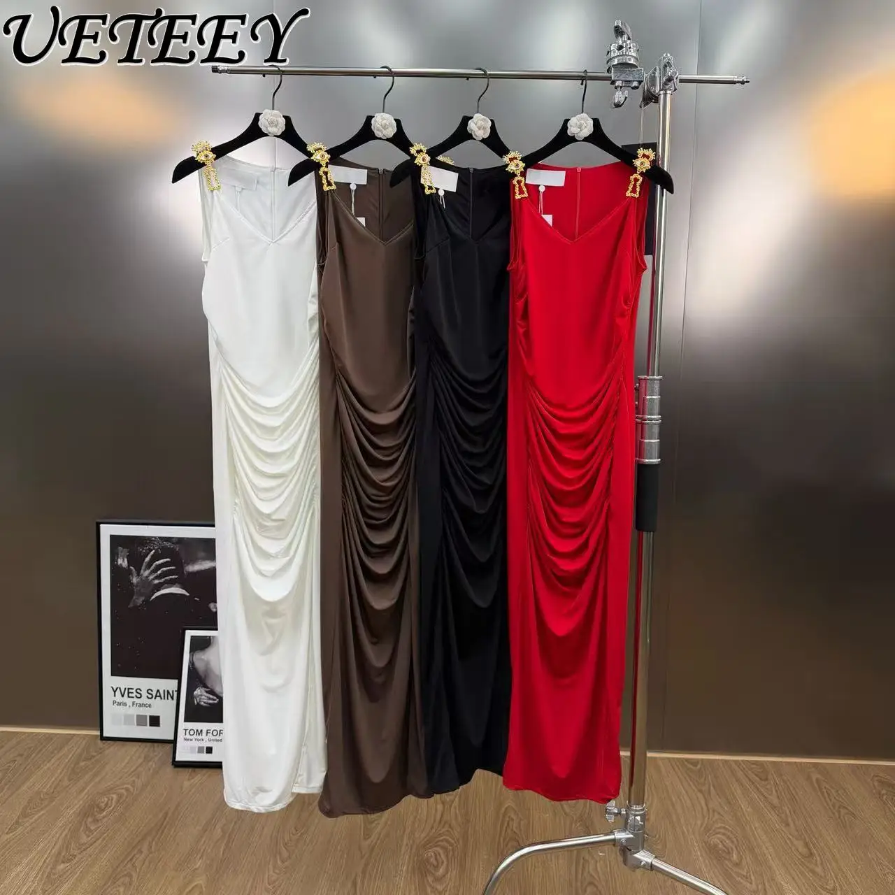 فستان ماكسي مثير بدون أكمام مكشكش أنيق للنساء خفيف فاخر بلون سادة وقصة ضيقة لحفلات الولائم فساتين طويلة بدون أكمام #1