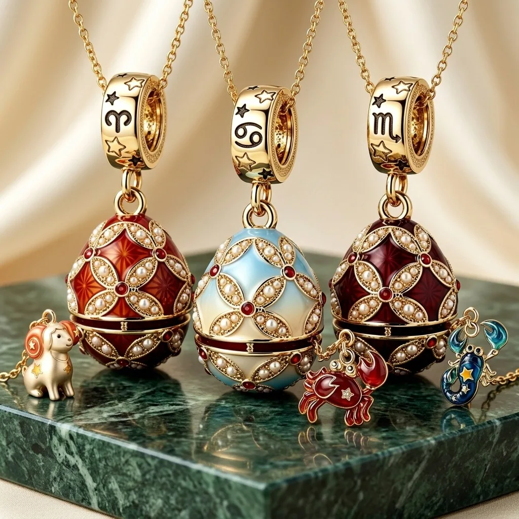 Enamel Easter Egg Twelve Constellation Necklace for Women Opening Pendant Necklace Zircon Pearl Ball Necklace Jewelry Accessory