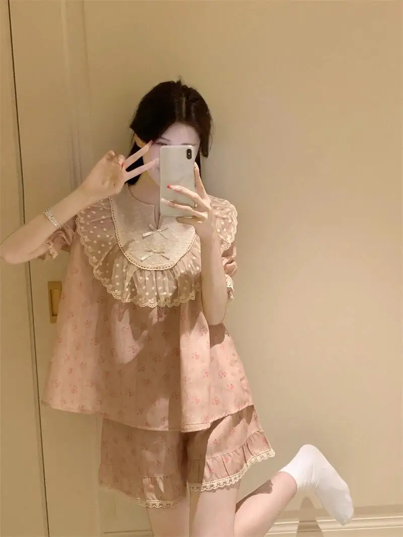 

Korean Style Floral Lace Short-sleeved Pajama Sets New Summer Girl Pink Home Clothes Palace Style 2-piece Set Nighty Sexy Women