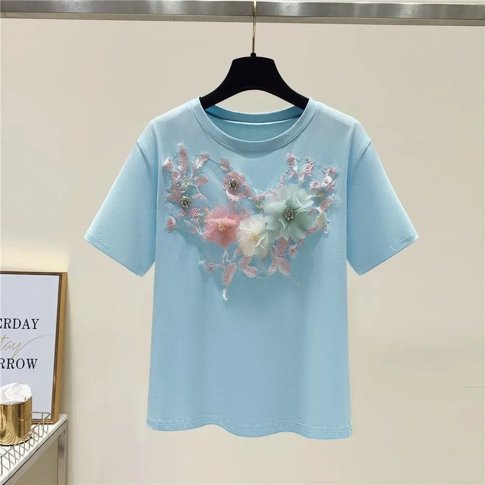 Korean Sle Embroidered ort Sve round Ne Loose Fit Women's T-irt Summer New Arrival Comfortable Versatile Top