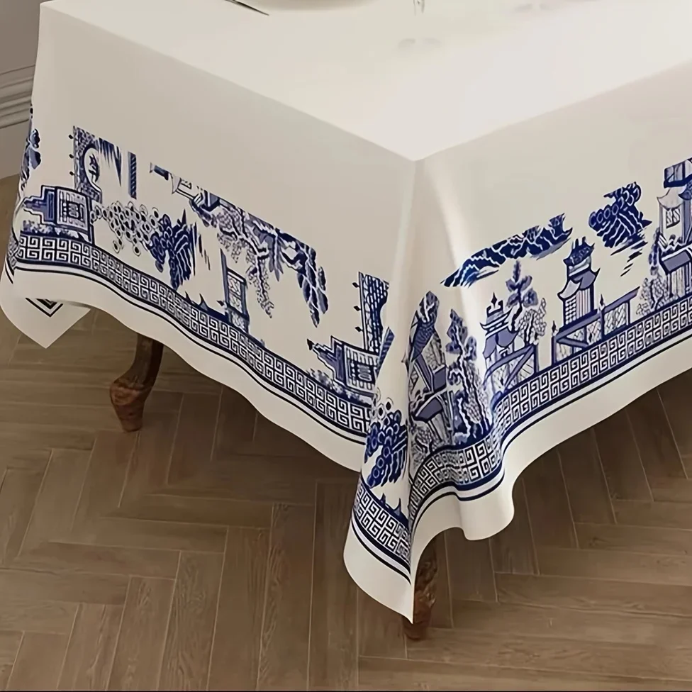 One lightweight tablecloth. Kitchen table decoration in classic blue and white porcelain style. Home furniture.xzj