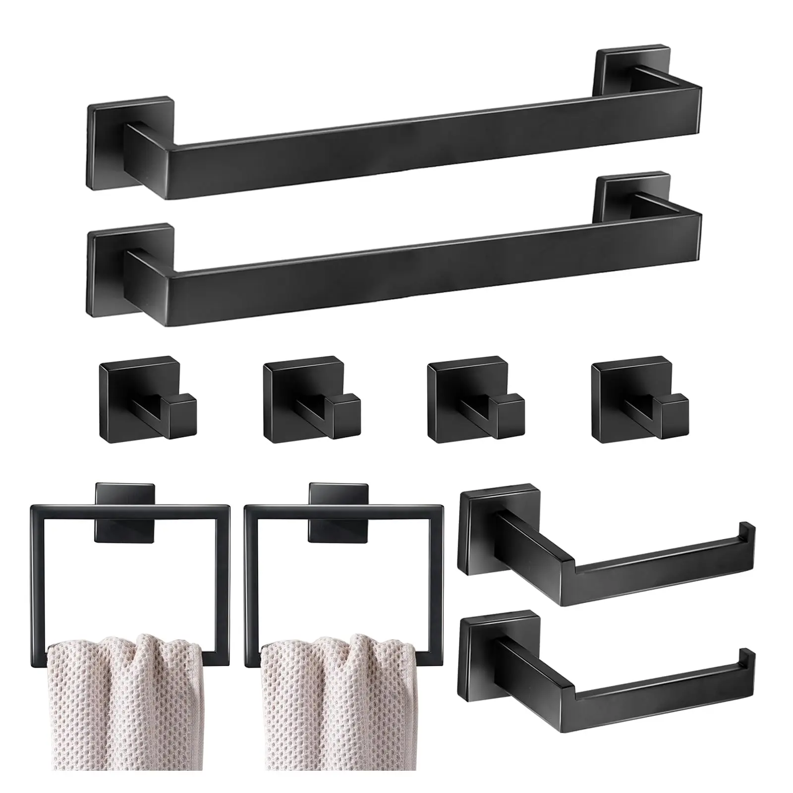 

10-Piece Matte Black Bathroom Hardware Set: 16 Inch Wall-Mounted Towel Bars, Hooks, Rings, And Toilet Paper Holders