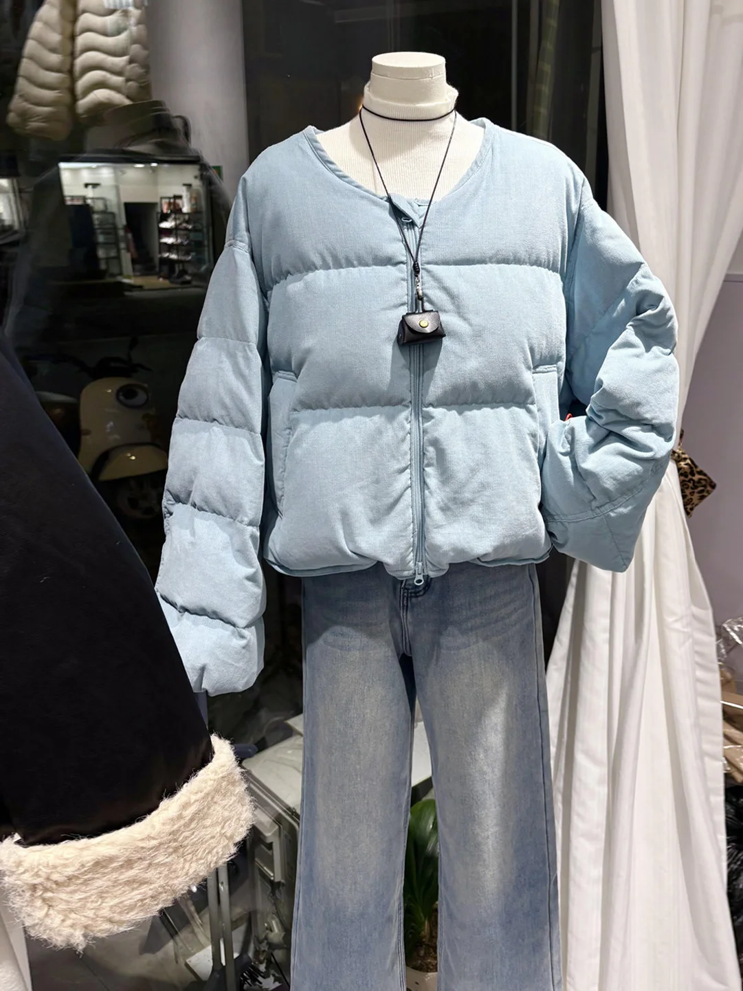 

Синяя высококачественная хлопковая куртка с круглым вырезом, женская модная свободная утепленная верхняя одежда, зима 2025, новый стиль, универсальная для повседневной носки