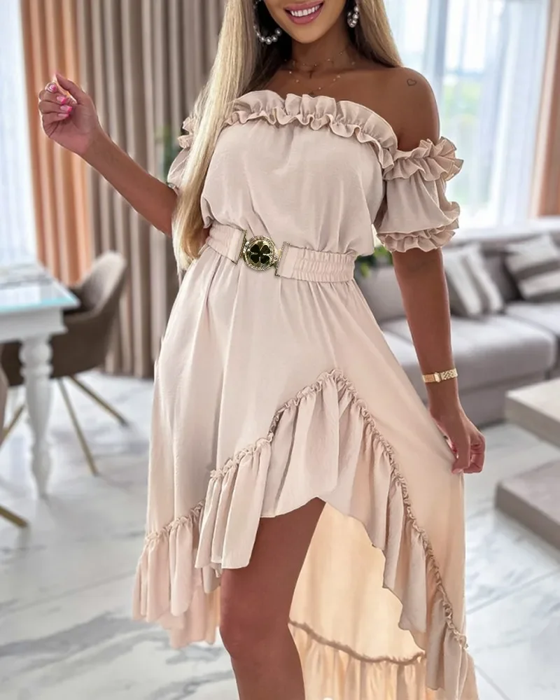 Summer Fashion Casual Dress Women Sexy Off The Shoulder Short Sleeve Ruffle Frill Hem Asymmetrical Maxi Dress