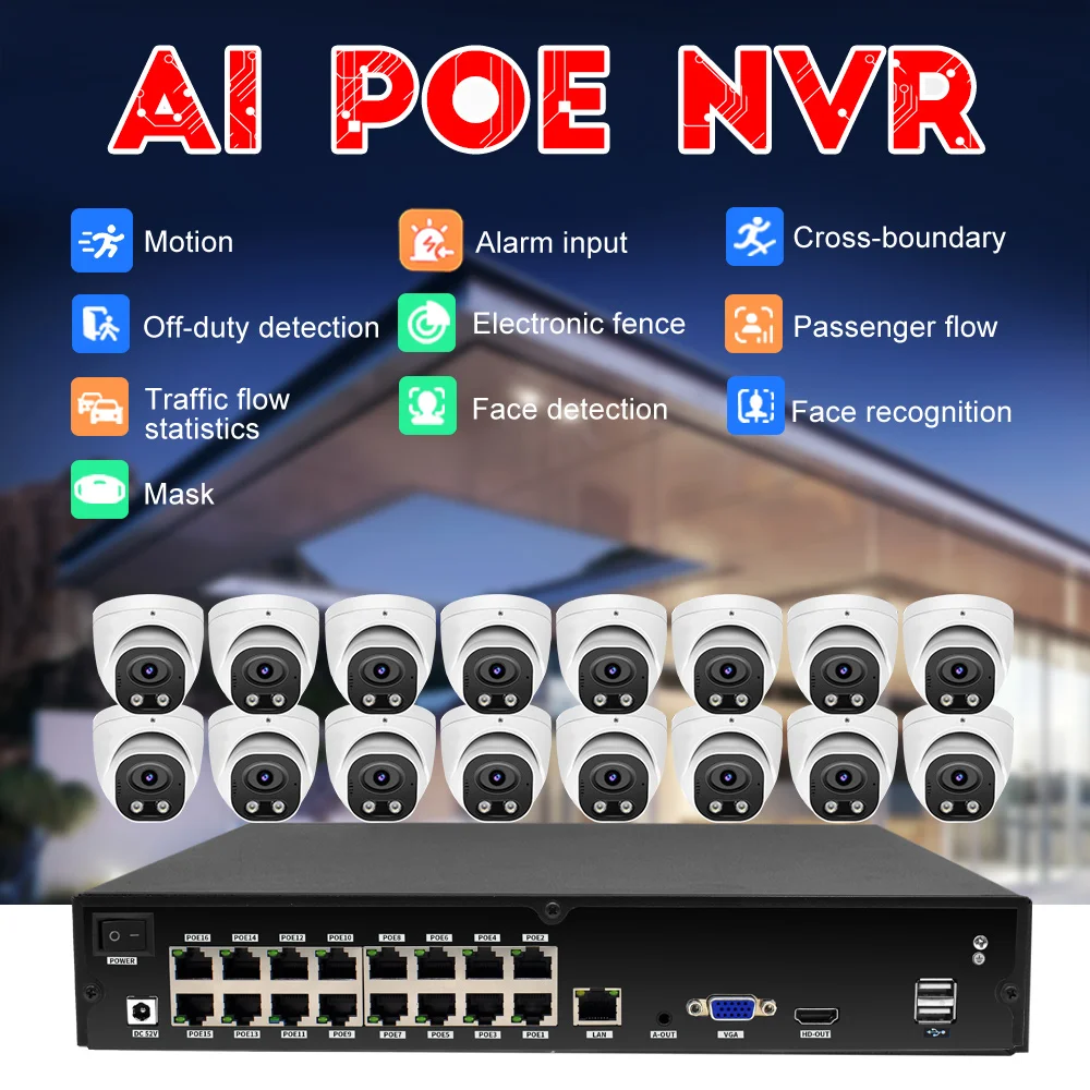 

16 Channel 4K AI Face Recognition NVR Kit People Counting H.265 IP66 8MP PoE Network Video Recorder 5MP Security Cameras System