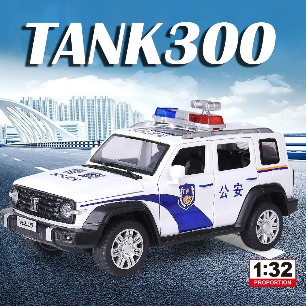 

1:32 Tank 300 Sabertooth Armored Police Car Toy Miniature Models Metal Diecast Sound Light Doors Opened Pull Back for Boys Gifts