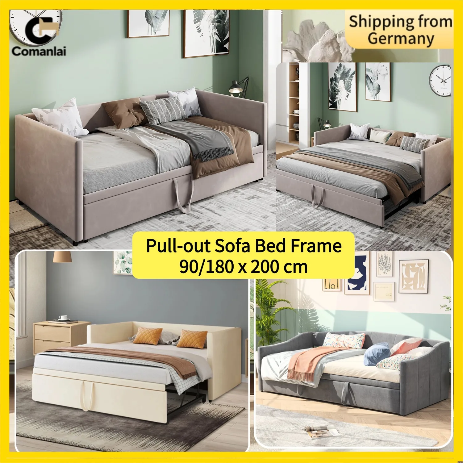 Comanlai Ausziehbares Schlafsofa, Rahmen 90/180 x 200 cm, samtgepolstertes Bett mit Lattenrost, Einzelbett, Doppelbett, platzsparendes Bett