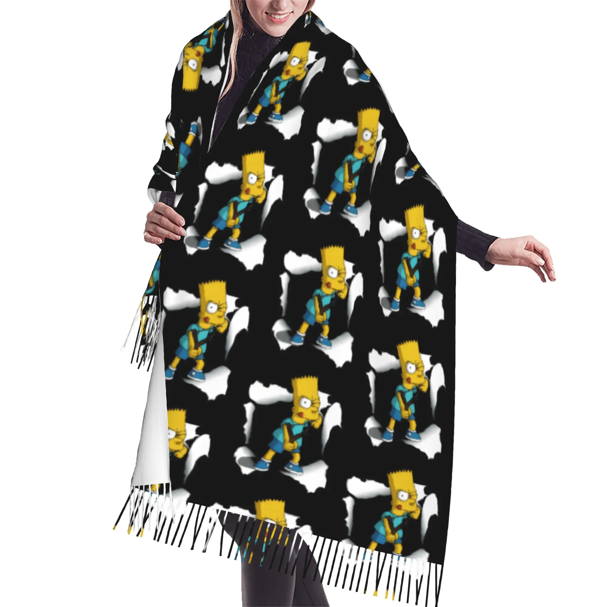 Custom Lady Long S-Simpsonsed Anime Scarves Women Winter Fall Soft Warm Tassel Shawl Wraps Homer Cartoon Scarf