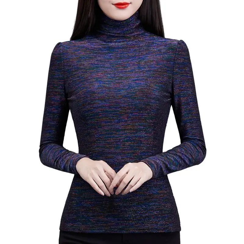 Add Velvet and Thick Autumn and Winter New Korean Version Slim Fit Women\'s Top Long Sleeved T-shirt High Neck Warm Women\'s Shirt