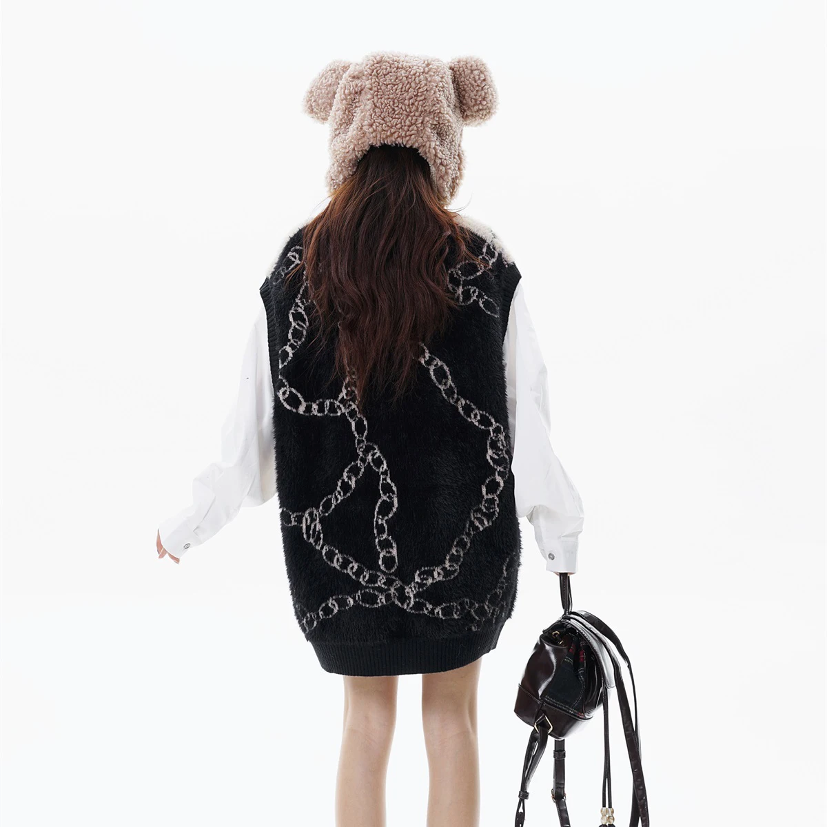 High Street Harajuku Imitation Mink Hair Knitted Vest Chain Color Block V-neck Pullover Sweater Vest Oversized Knitwear Trendy