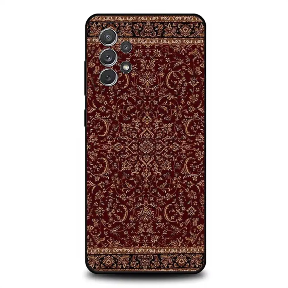 حافظة هاتف على شكل زهور على السجاد العربي الفارسي لهاتف سامسونج S 25,24,23,22,30,21,10,9,Ultra,Plus,Lite,FE,4,5G حافظة ناعمة سوداء