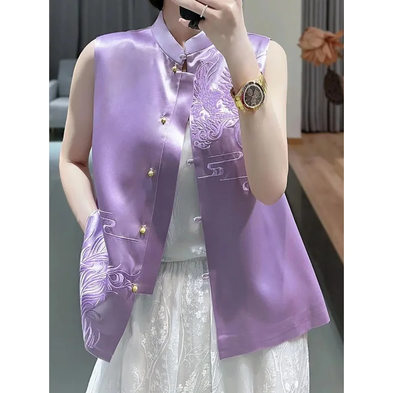 

Винтажный жилет в китайском стиле Тан, элегантный фиолетовый жилет с вышивкой Феникса, женский модный жилет, повседневный летний дышащий топ