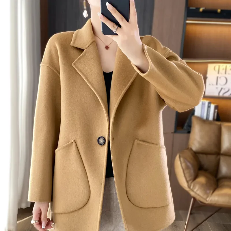 

New Fashion Double-Sided Woolen Coat Women Autumn Winter Pocket Short Wool Jacket Middle-Aged Mom Female Loose Outerwear B1450