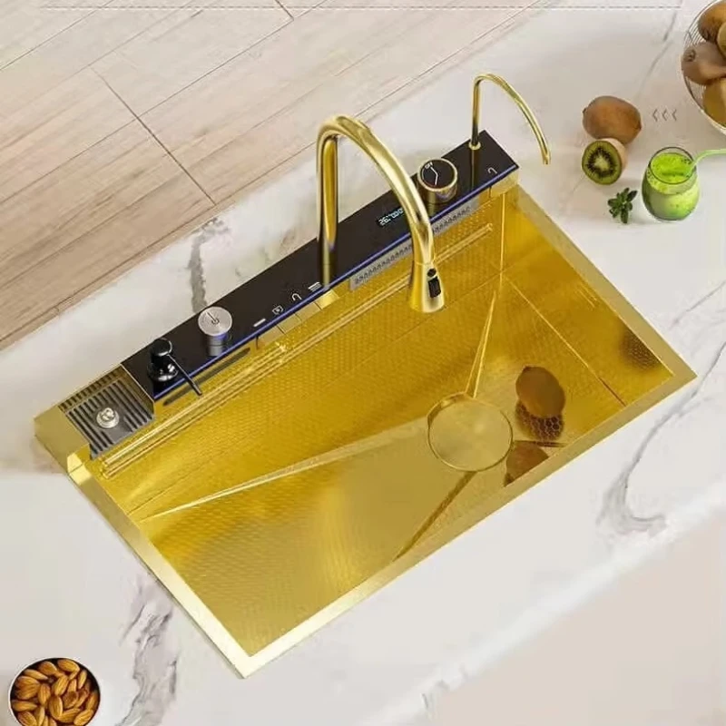 

ZC1- Встроенная кухонная мойка из нержавеющей стали с выдвижным краном, кухонным смесителем-водопадом и золотым сливом для кухни.