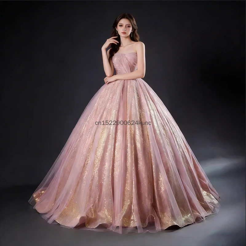Pink Sequins Ball Gown Prom Dress with Tulle Off Shoulder Formal Dresses for Women Elegant Lace-up Sweet Dresses Sparkle Gown
