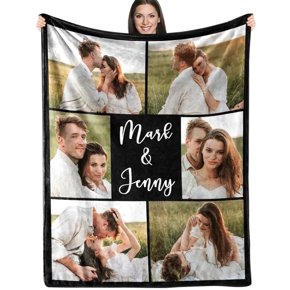 6 Picture Text Customized Fleece Photo Blanket for Couples Gifts Personalized Blankets and Throws Christmas Birthday Gifts