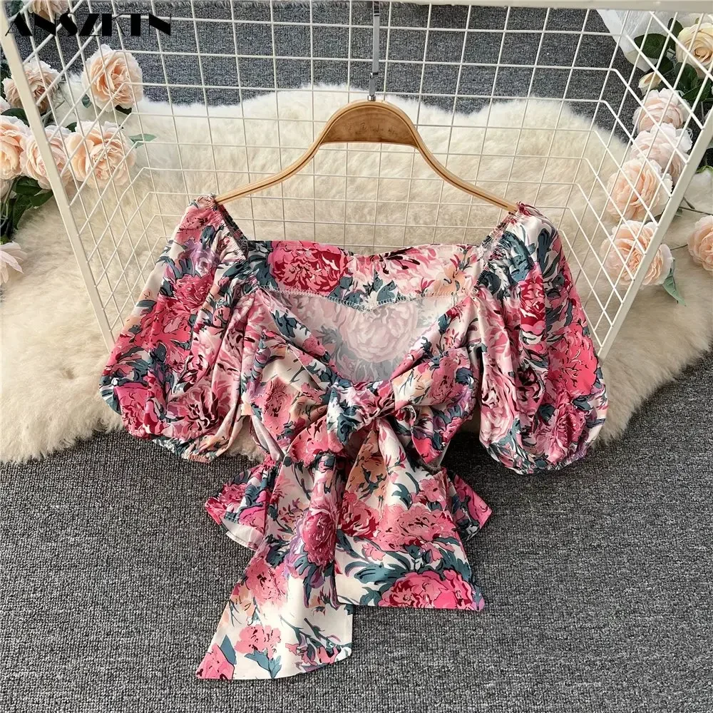 ANSZKTN Summer New Fashion Vacation Square Collar Backless Women Crop Puff Sleeve T-Shirt Printing Machine