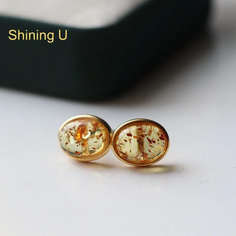 Shining U 925 Sterling Silver Oval Amber Stud Earrings for Women Fine Jewelry Summer