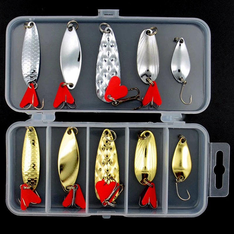 10PCS/Set Gold And Sliver Metal Jig Spoon Spinner Fishing Lure Wobbler Bait Set with Fishing Tackle Box Kit For Fishing