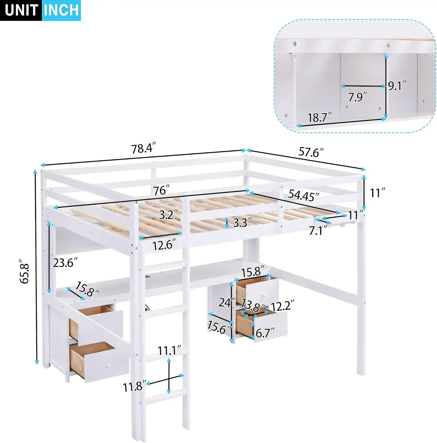 Full Size Loft Bed with Desk,Bookshelf, Solid Wood Loft Bed Frame with Storage Drawers and Bedside Tray,Charging Station (White)