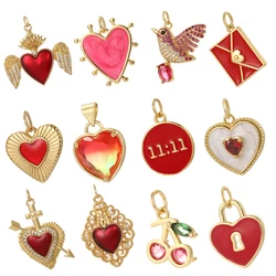 Red Hearts Cherry Enamel Charm for Jewelry Making Supplies Designer Gold Color Cute Animal Diy Earings Bracelet Necklace Pendant