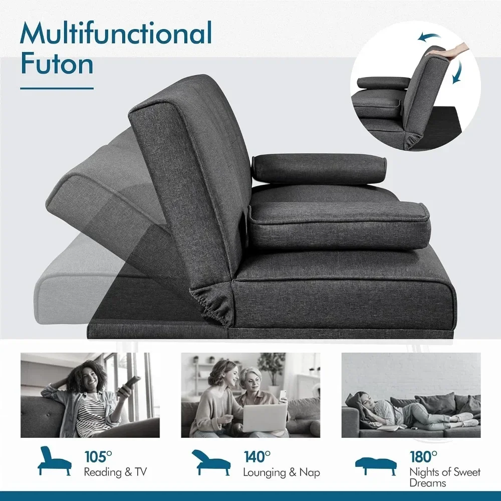 Sofa Bed, Convertible Linen Fabric with Chaise Longue, Cup Holder, Removable Armrests - 772 Lb Capacity Sofa