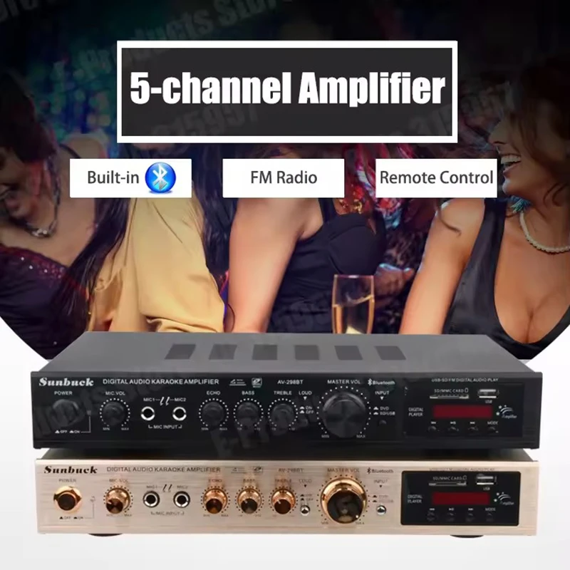 SUNBUCK AV-298BT مرحبا فاي مضخم صوت رقمي 110 فولت/220 فولت المدمج في بلوتوث 5 قناة مكبر كهربائي المسرح المنزلي FM SD USB أمبير