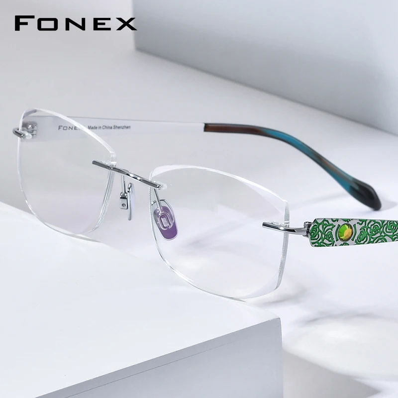 FONEX Titanium Rimless Glasses Frame Women Famous Luxury Brands Designer Diamond Trim Eyeglasses Premium Frameless Eyewear 6118