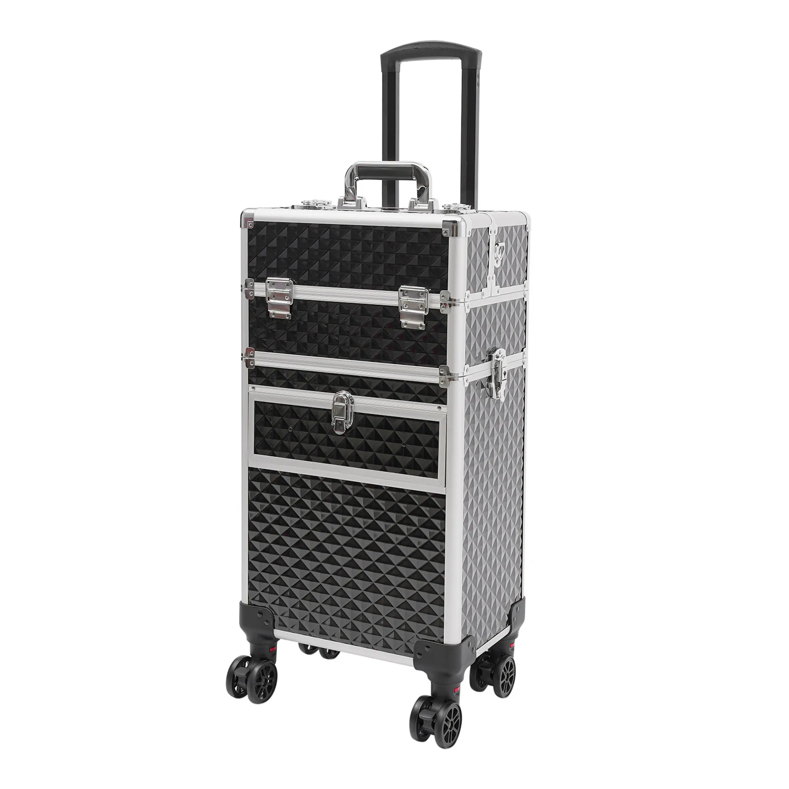 

Silver Black Oxidation Modern Rectangular Professional Rolling Makeup Train Case ABS Aluminum Alloy Floor Standing Multifunctional Cosmetic Trolley 50KG Large Load Capacity Large Storage Traveling Cart Trunk Easy Assembly Beauty Tool Storage Suitcase