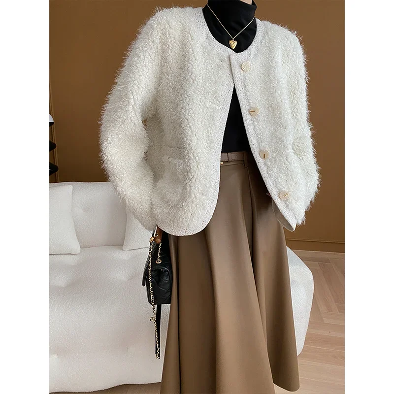 French High-quality Fur Coat Women's  Small Fragrance O Neck Loose Casual Pink White Khaki Fake Fur Stitching Tweed Coat Female