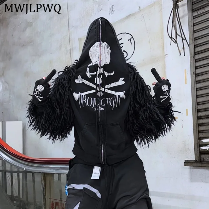 

MWJLPWQ Dark Style Print Design Hoodie Jacket Male High Street Full Zipper Niched Long Sleeve Hiphop Loose Sweatershirts 11187