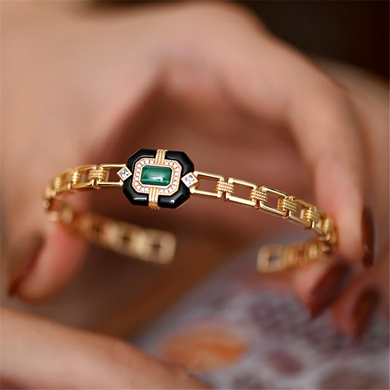 HUANQI Natural Green Malachite Stone Black Agate Enamel Open Vintage Bracelet Ring Necklace for Women Rhinestone French Jewelry