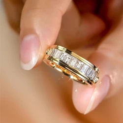 Huitan Fashion Gold Color Proposal Ring Bridal Wedding Band Jewelry with Brilliant Zirconia Luxury Versatile Finger Accessories