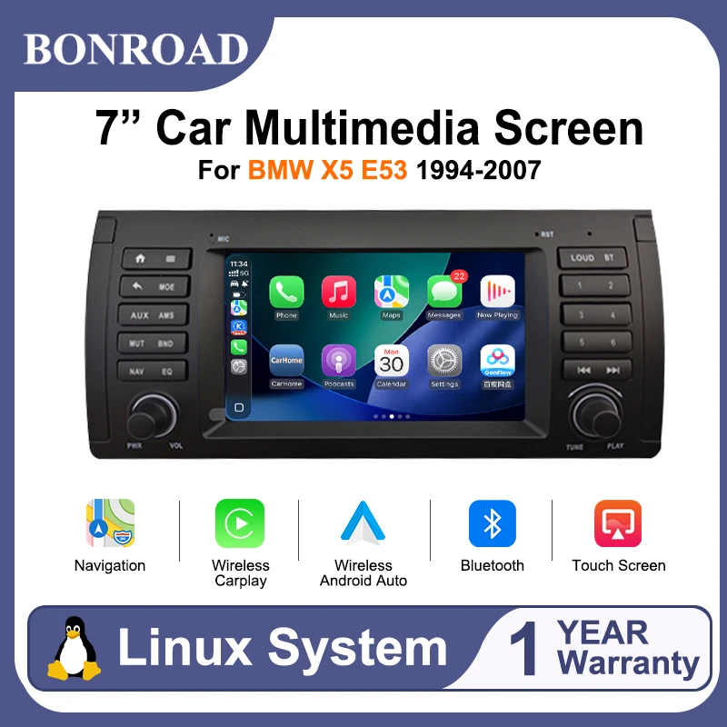 BONROAD, autoradio multimediale con schermo touchscreen da 7 pollici, sistema operativo Linux, compatibile con BMW X5 E53 (1994-2007), con funzionalità wireless Android Auto, Airplay, Carplay,