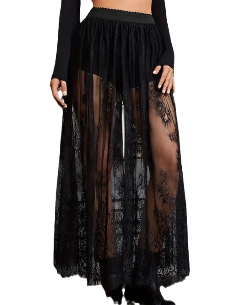 

2024 Summer New Y2K Vintage Women's Black Lace Long Skirt Gothic Dark Punk Perspective Sexy Skirts Women Clothing Summer Skirt