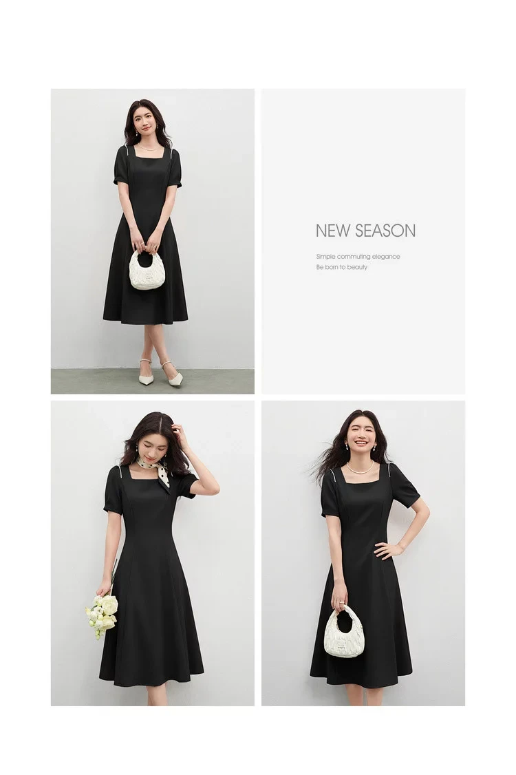 SENTUBILA Damen Einfaches A-Linien-Kleid 2026 Sommer Büro Elegantes Kleid mit Quadratischem Ausschnitt und Perlenketten-Detail Kurzarm Q62LI6575X – Detail 27
