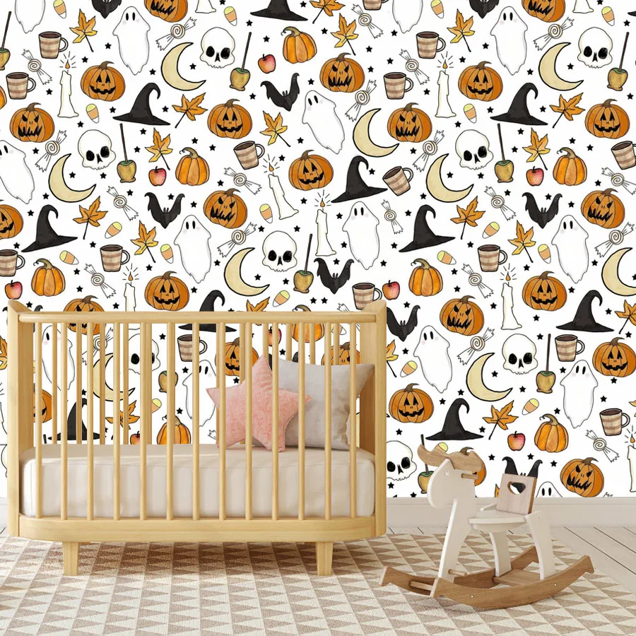 3+ Halloween Pumpkin Ghost Witch Hat Spooky Drawing Wallpaper for Living Room, Self Adhesive Optional, Cartoon Walls Renovation