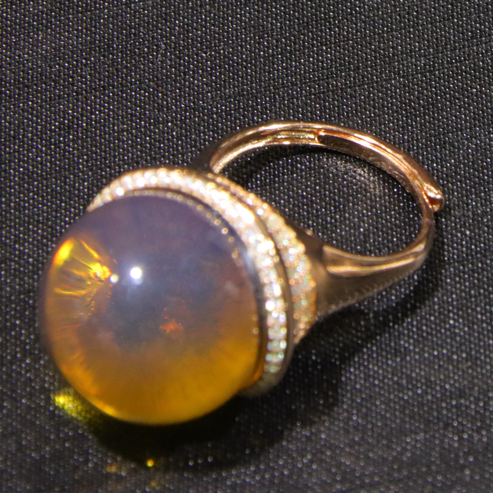Anniversary Gift! 20mm Color Change Blue Amber Ring Gold Plated w/ Diamonds Adjustable Ring for Her