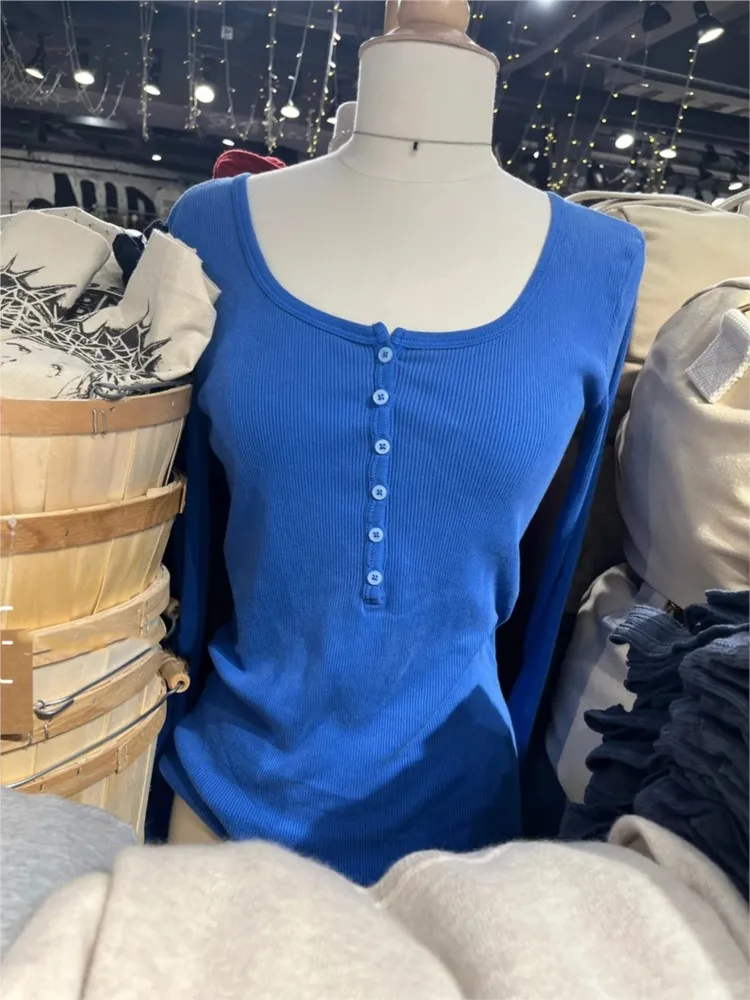 Electric Blue Patchwork Long Sleeve Tee Women Autumn Simple Basic Buttons O-neck Cotton Ribbed Tshirt Sweet Cute Casual T-shirts