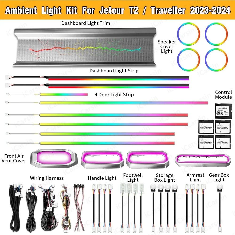 

64-цветное динамическое окружающее освещение для JETOUR T2 2023-2024, комплект обновления внутреннего светодиодного освещения, аксессуары