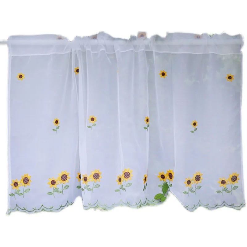 Embroidery Short Tulle Curtains for Living Room, Lace Half Curtains for Kitchen Bathroom Door, Home Drapes American Sunflower