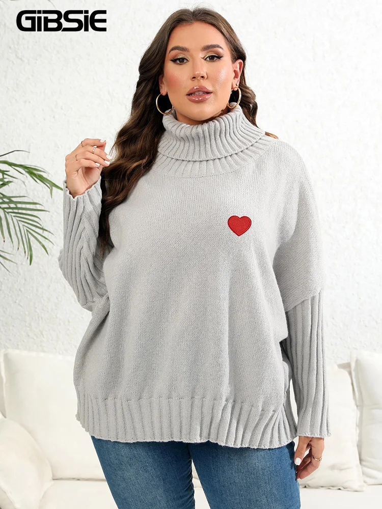 GIBSIE Plus Size Heart Embroidery Oversized Turtleneck Sweater Women 2024 Fall Winter Fashion Loose Gray Black Knitted Pullover
