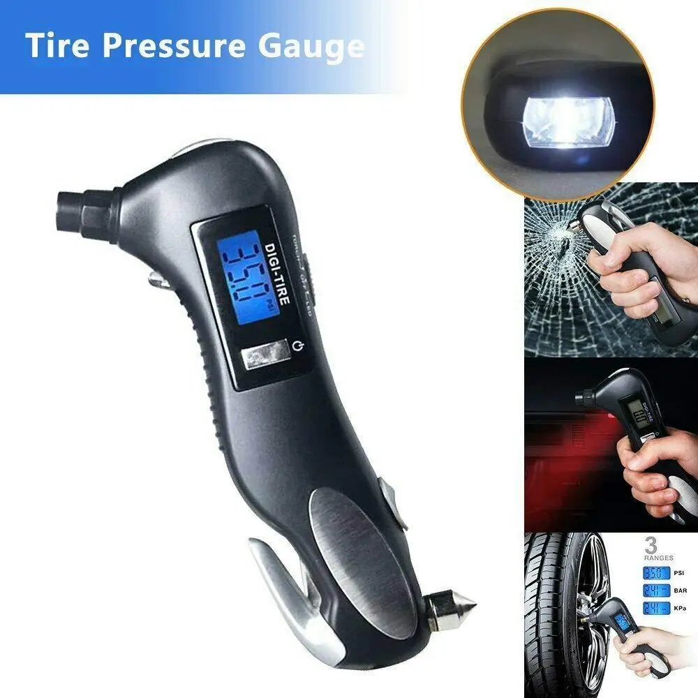 5 in 1 Multi-function Hammer LED Digital Tire Air Pressure Gauge Car Motorcycle Manometer Barometers Diagnostic Safety Hammer