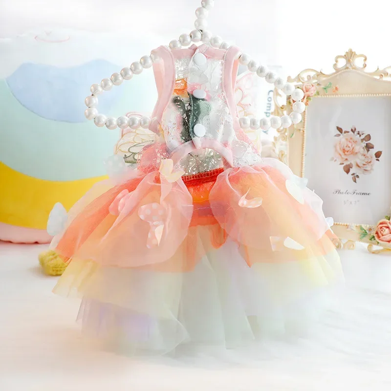 Rainbow Butterfly Colorful Fluffy Clothes for Puppy, Spring and Summer Clothes, Cat Princess Dress, Small Dog, Teddy Pet