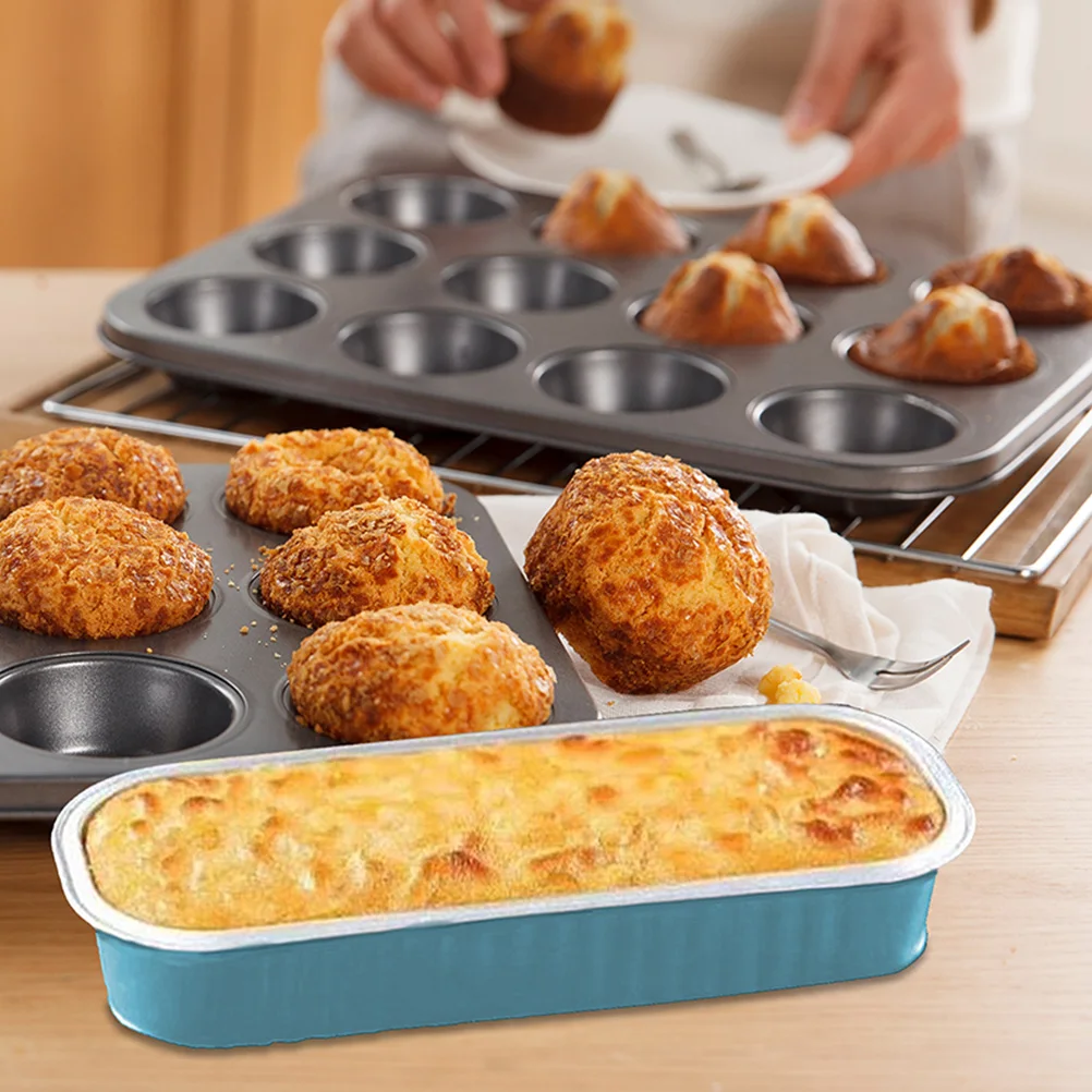 

30pcs Baking Mold 200ml Mini Foil Loaf Box Sky Blue Plastic Lid Disposable Cake Bread Pan Aluminum Container