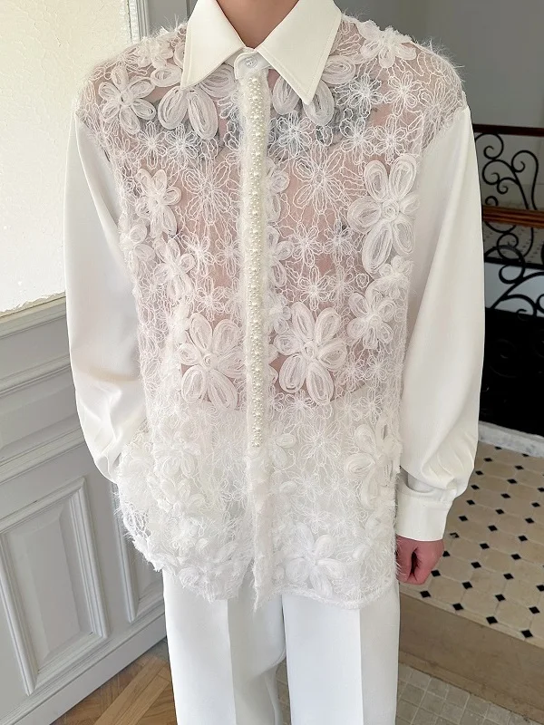 

Spring Summer New Style Lace Floral Splicing Pearl Fashionable Turn-down Collar Long Sleeve Shirt Youth Popular Thin Model Ch...