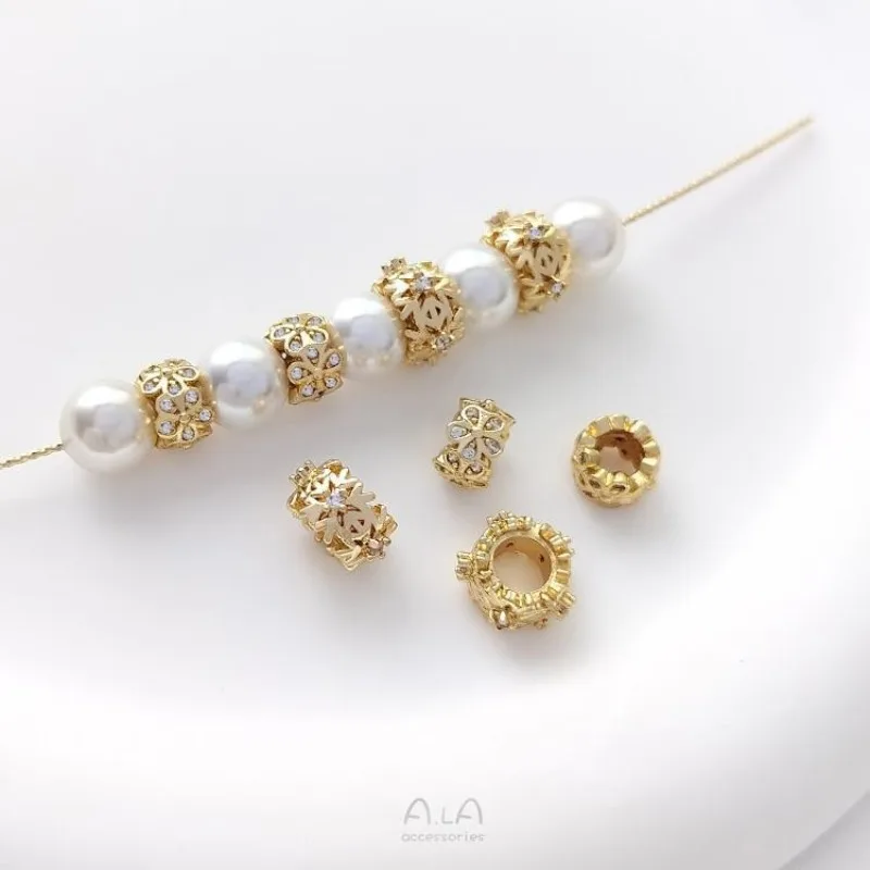 Zircon 14K Gold Color Plum Blossom Ring Bead Spacer Snowflake Ring Large Hole Bead DIY Bracelet Beaded Jewelry Accessories