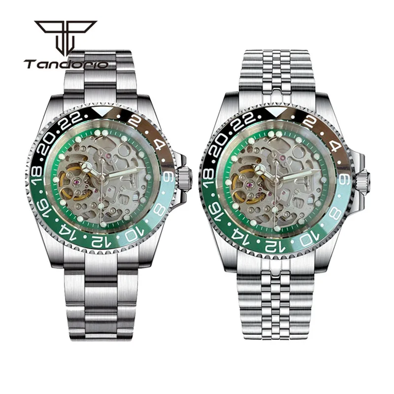 Tandorio Stainless Steel Automatic Men Watch Sapphire Skeleton NH70 Hollow Dial 40mm Mechanical Wristwatch Ceramic Bezel 20atm