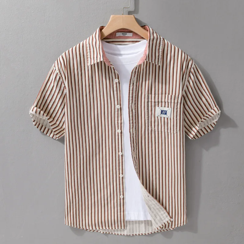 

Мужская рубашка из чистого хлопка с коротким рукавом, летняя, новая модель, дышащая, с цветными вставками, полосатым узором, повседневная.