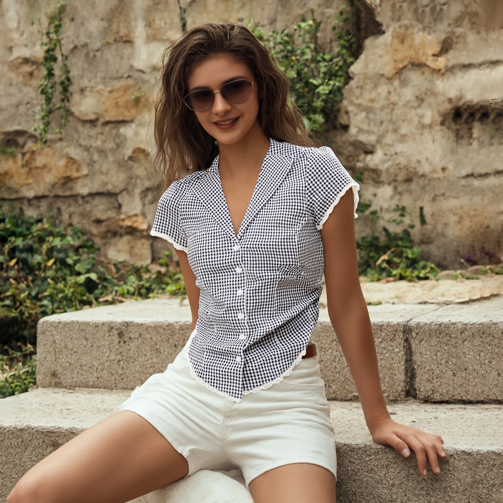 

Women Summer y2k Vintage Gingham Short Sleeve Shirts Lace Trim Plaid Turn Down Collar Button Down Casual Blouses Tops Streetwear
